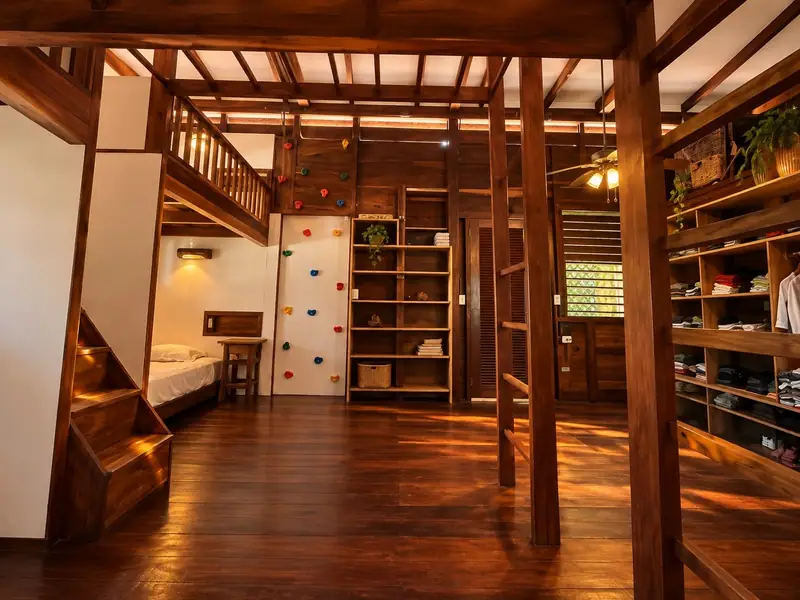 The 7-bed room with mezzanines and a climbing wall in the Hacienda