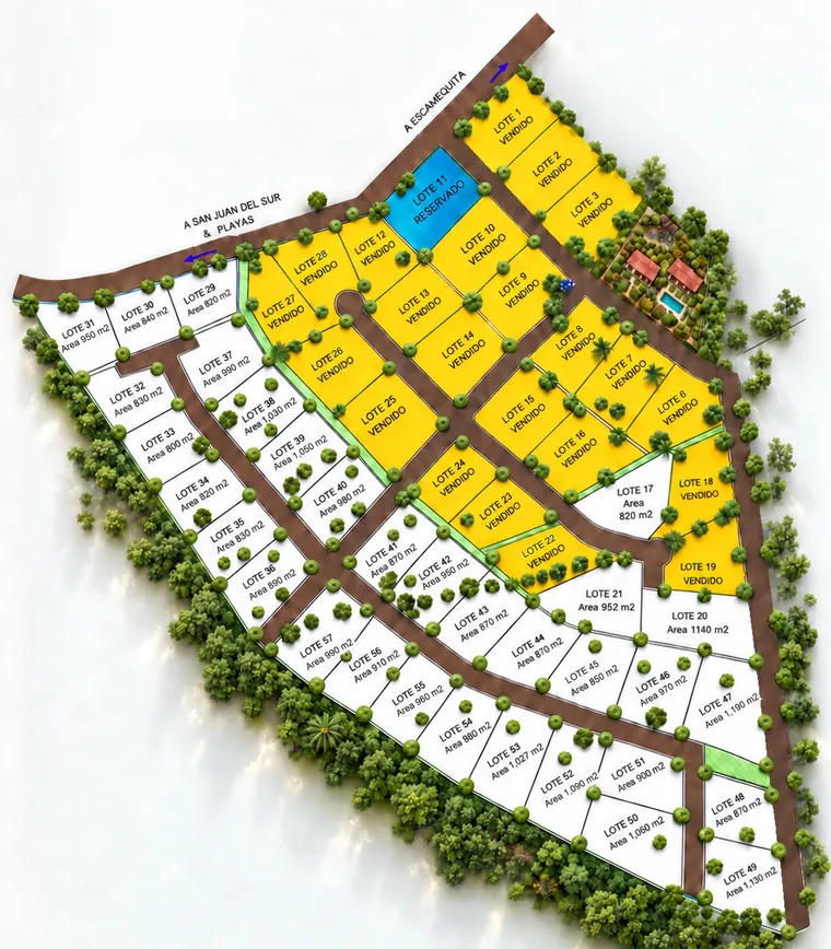 Plano de lotes de Las Planadas con lotes vendidos y disponibles